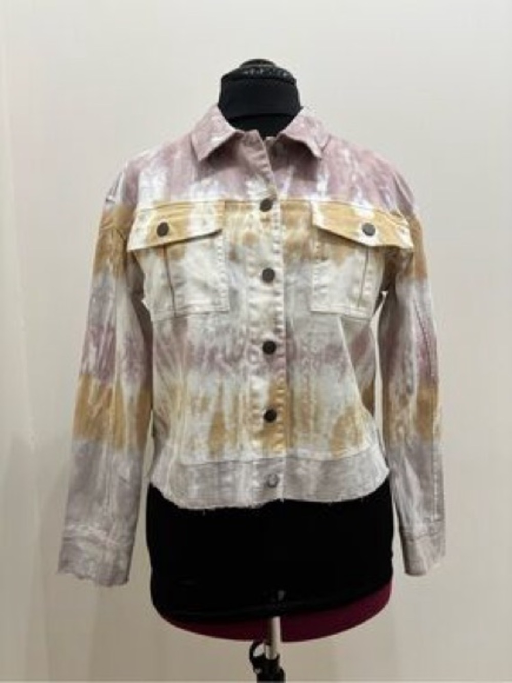 Mystree Tie-Dye Denim Jacket in Mauve, Cream & Gold